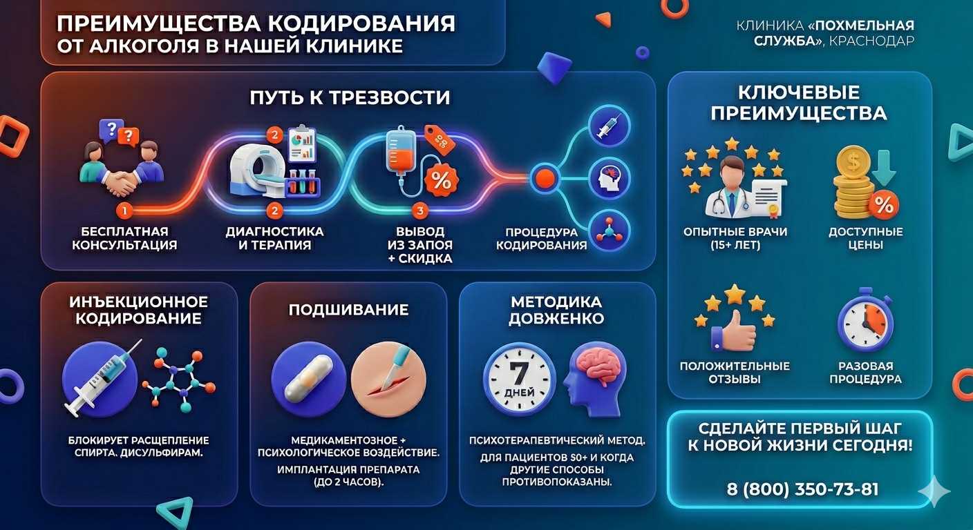 Инфографика о методах кодирования от алкоголя в Тигиле: инъекции, подшивание, метод Довженко. Преимущества клиники и этапы лечения.